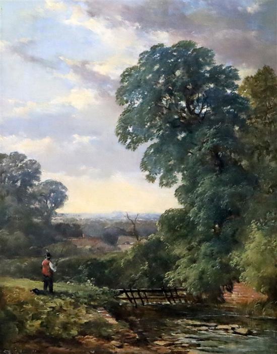 Attributed to David Cox (1783-1859) Figure fishing a river near a bridge, 9.75in. x 7.5in.